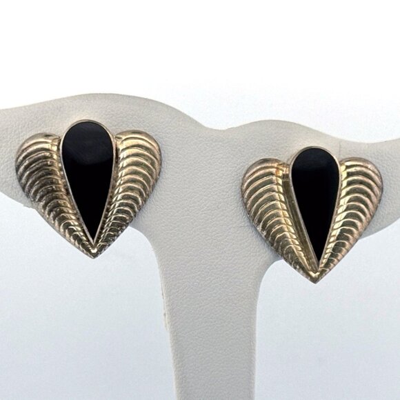 Estate Sterling Silver 925 ND Black Onyx Modernist Ribbed Heart Stud Earrings - Picture 1 of 8